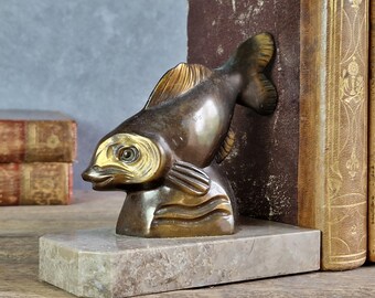 Art Deco Fish Bookends, French Marble Spelter Decor Pair
