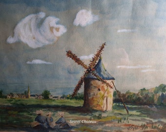 French painting. Watercolour painting. Original art. Windmill painting. Signed artwork. French art. Vintage watercolour. Collectible art.
