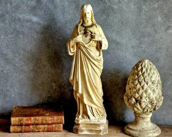 Large French Chalkware Jesus Sacred Heart Statue – Early 20th Century Religious Art