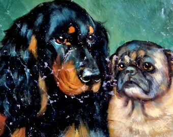 Vintage French Oil Painting: Pug & Spaniel Dogs Art