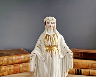 Statue de la Vierge en porcelaine antique française. Statue de la Vierge Marie. Décoration de salle de prière. Statue catholique. Art chrétien. Statue religieuse française.