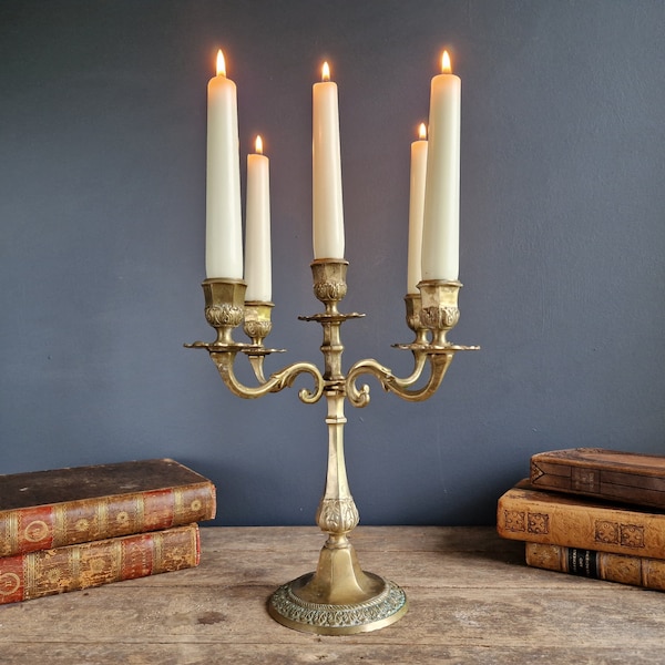 French candelabra centerpiece. Ornate brass candleholder. Old candelabra. Dining room decor. Country house decor. French interior decor.