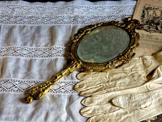 French antique hand mirror. Boudoir mirror. Louis style. French mirror. Make up mirror. Hand held mirror. 19th c mirror. 1800s accessories.
