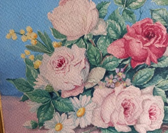 Vintage French Floral Watercolour Painting, Signed Still Life
