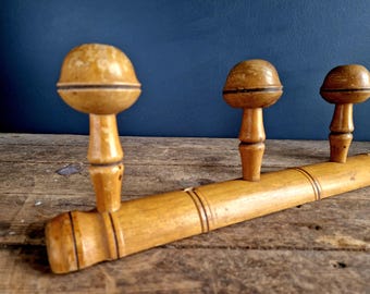 French Vintage Wooden Coat Rack with Four Hooks