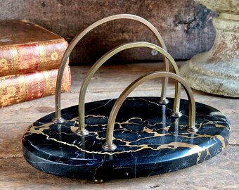 Antique letter rack with black marble base. Art Deco period letter holder.