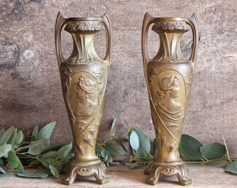 Antique Art Nouveau Spelter Vases: French Decorative Pair, Bleeding Heart Floral Motifs
