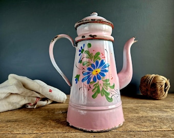 Vintage Belgian Floral Enamelware Coffee Pot, Cottagecore Display