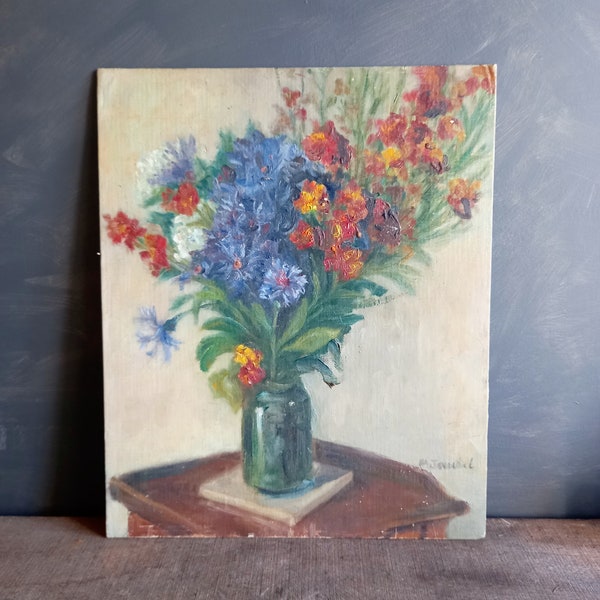 French oil painting. French art. Mid century oil painting. Vintage French oil on board. Flower painting. French still life. Floral art.