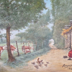 French original oil on board painting showing a country scene French wall art original French art Signed artwork European decor French art