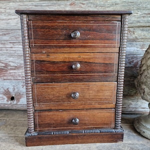 French Antique Miniature Chest Drawers, Mahogany Veneer Sewing Storage