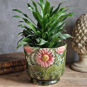 May include: A green ceramic planter featuring embossed pink daisy flowers with yellow centres and intricate scalloped detailing along the base. The pot contains a vibrant green leafy plant with long, pointed foliage extending upwards.
