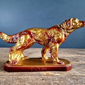 French Vintage Dog Statue: Gold & Red Painted Sculpture, Country Decor
