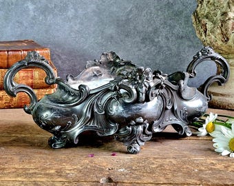 French antique Spelter Jardiniere Planter – Floral Ornate Metal Decor