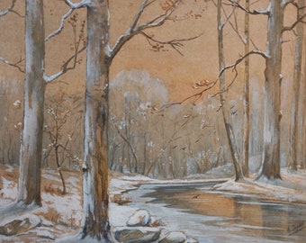 French Winter Forest Watercolor Painting, Signed Collectible Art