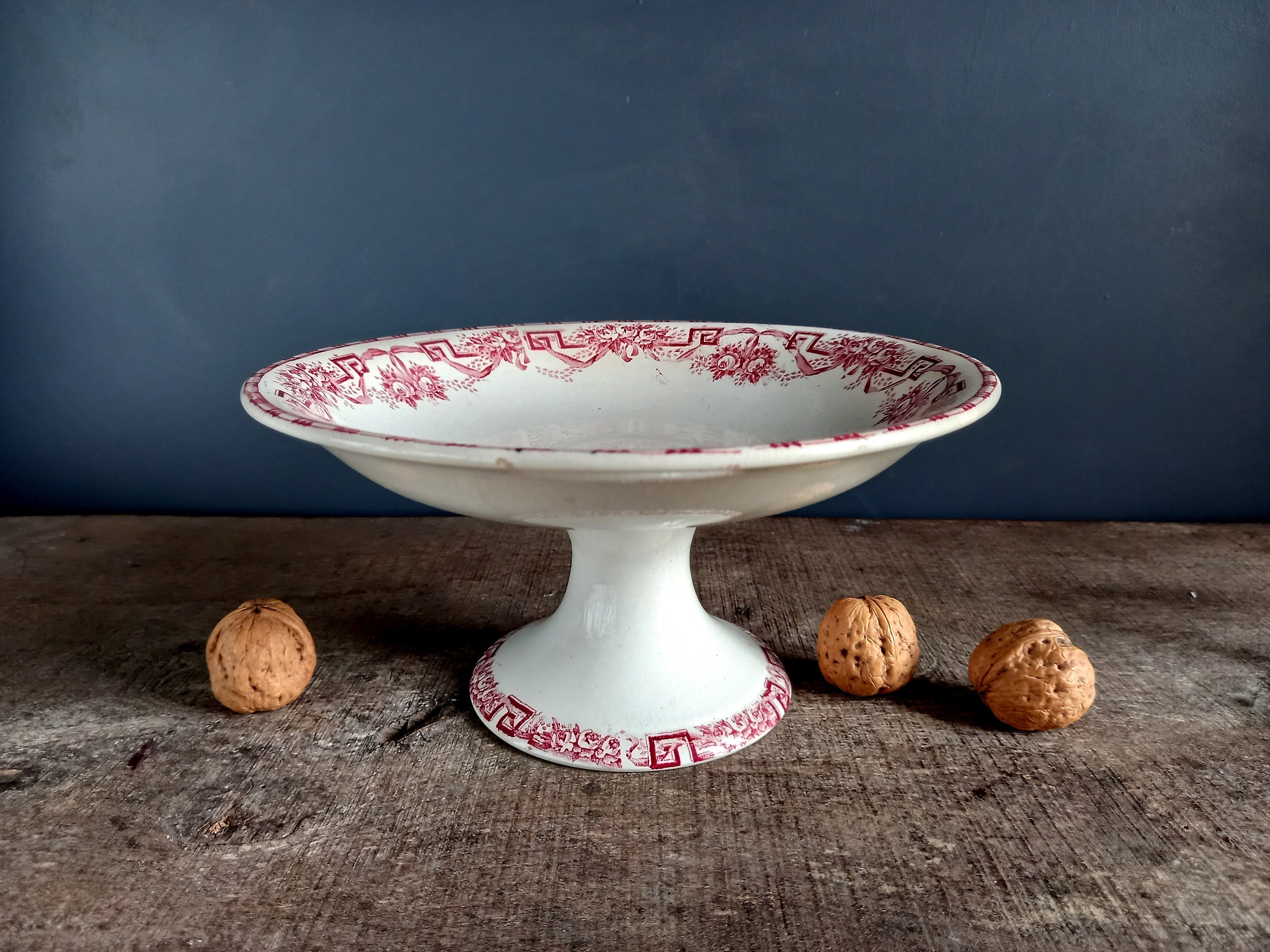 French antique cake stand. Cupcake stand.  Cottage decor. Antique cake stand. Fall table decor. French antiques. Transferware. Table decor.