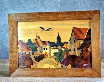 French wooden pyrograph picture of Colmar by Louis "Boli" Bollinger.