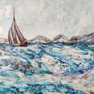 Vintage French Seascape Oil Painting: Boat on Rough Sea