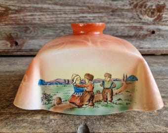 Antique French Opaline Glass Light Shade – Salmon Pink Ornate Hanging Fixture