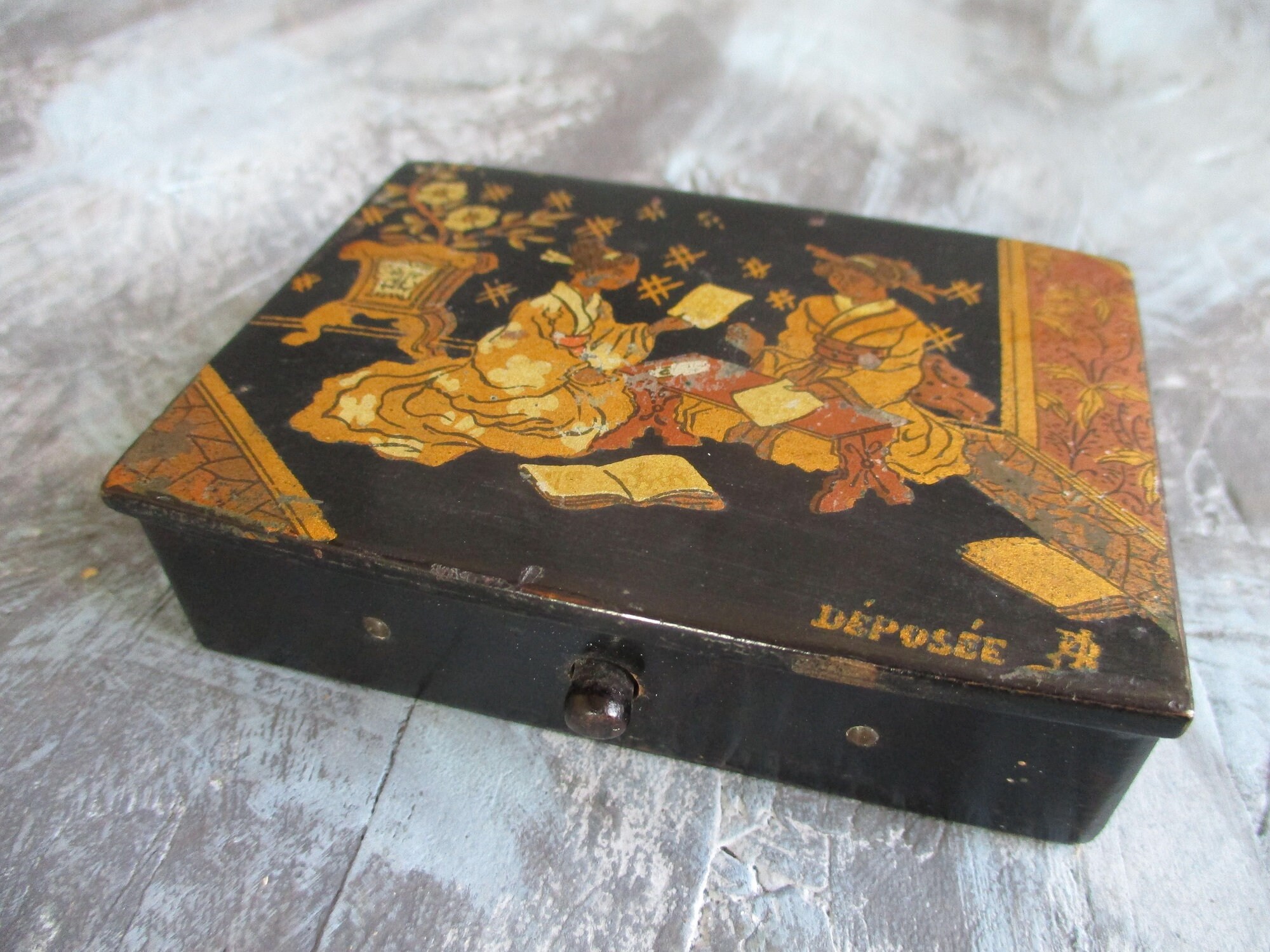 Français Boîte Laquée Noire Antique. Boîte Napoléon 111. à Coudre Victorienne. de Chinoserie. França