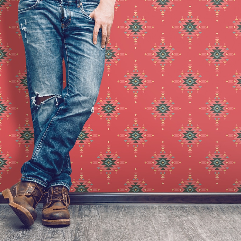 Southwestern Removable Wallpaper Geometric Wallpaper Boho Wallpaper Southwestern Decor Red Wallpaper W1182 Aztec Wallpaper