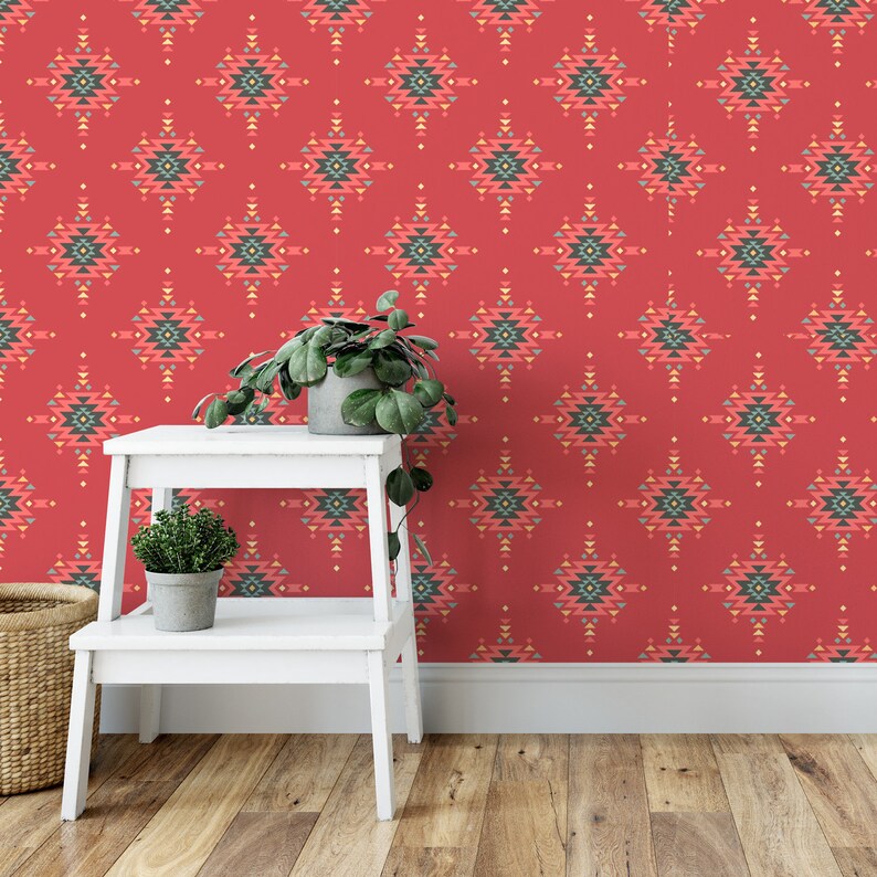 Southwestern Removable Wallpaper Geometric Wallpaper Boho Wallpaper Southwestern Decor Red Wallpaper W1182 Aztec Wallpaper