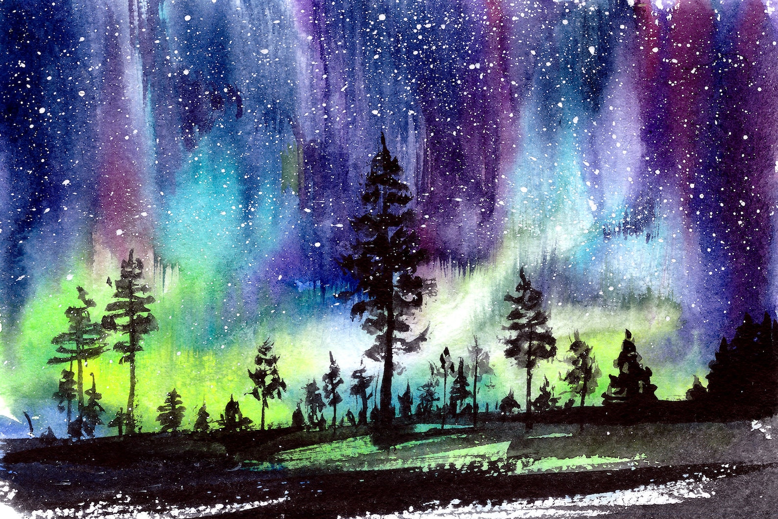 NORTHERN LIGHTS watercolor aurora borealis painting glow in Etsy