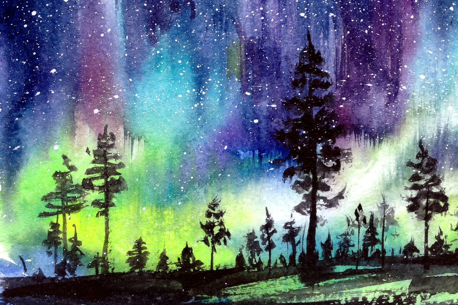 NORTHERN LIGHTS watercolor aurora borealis painting glow in Etsy