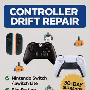 May include: Image promoting controller drift repair services. It features game controllers for Nintendo Switch, PlayStation (PS4/PS5), and Xbox One/Series X|S. Text includes "Controller Drift Repair," "Mail-In Repair Service," and a 30-day guarantee.
