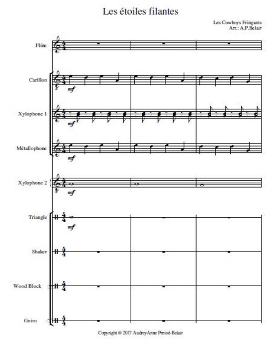 Partition Arrangement Orff Les Cowboys Fringants Les étoiles Filantes