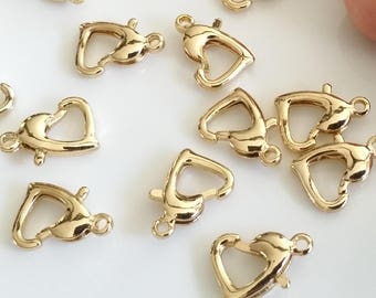 10 Pcs, 16K Gold Lobster Heart Clasps , 16K Real Gold Plated (Not imitation) over Brass,Jewelry Supplies Findings, 13x9mm/ 12L3-41G-04C