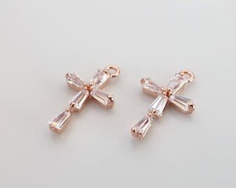 1 Pcs /Pave Cross Cubic Zirconia Pendant / Cross Charms, Cz Cross Charms / Real Rose Gold Plated /  18.7 x 11.2 x 3mm/ 12L3-17R-03C