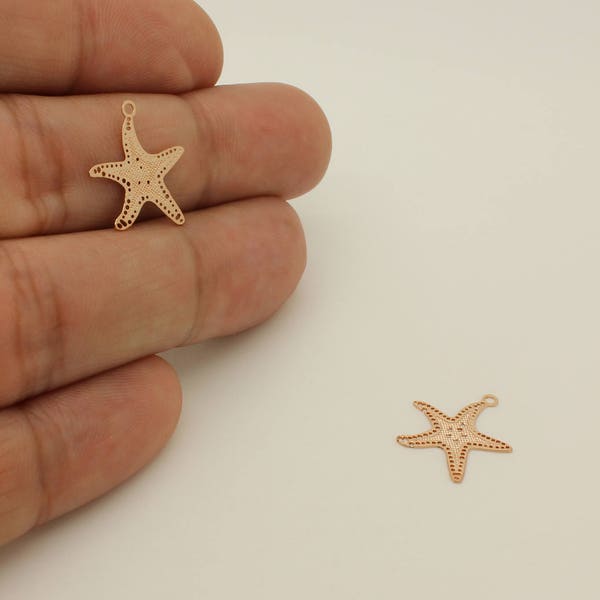 Shiny Rose Gold Starfish Pendant, Starfish Necklace Pendant, Real Rose Gold Over Brass, Starfish Earring Pendant, 2 Pcs, 11R2-35R-13C