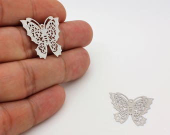 Silver Tone Filigree Butterfly Pendant, Small Butterfly Charm, Real Rhodium Plated Butterfly Pendant, Butterfly Link, 2 Pcs, 21R1-09S-14C