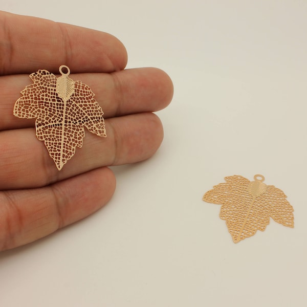 2 Pcs, Rose Gold Maple Leaf Pendant, Brass Leaf Necklace Pendant, Real Rose Gold Plated Maple Leaf Choker Pendant Leaf Charm, 11R2-26R-13C