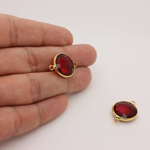 Red Ruby Glass Connector Charm: (1 Pc) 16K Gold Plated Round Link