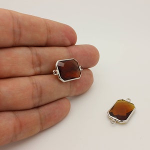 Orange Brown Glass Connector Charm: Rhodium Plated Square Pendant (25.5 X 13.7 mm)