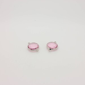 1 Pcs, Pink Glass Round Connector Pendant Rhodium Plated Framed Connector Charm, 22L2-27S-11C