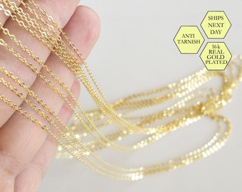 10 Pcs, 16K Gold Necklace Chain, Gold Flat Cable Chain, Chain Necklace, Wholesale Beads, Craft Supplies Findings, Bulk Chain, 2CH-GP-10