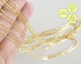 10 Pcs, 16K Gold Necklace Chain, Gold Flat Cable Chain, Chain Necklace, Wholesale Beads, Craft Supplies Findings, Bulk Chain, 2CH-GP-10