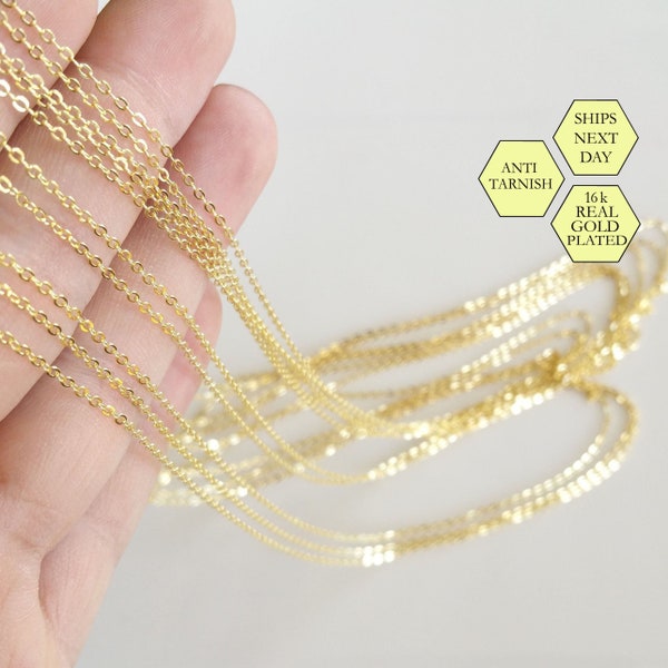 10 Pcs, 16K Gold Necklace Chain, Gold Flat Cable Chain, Chain Necklace, Wholesale Beads, Craft Supplies Findings, Bulk Chain, 2CH-GP-10