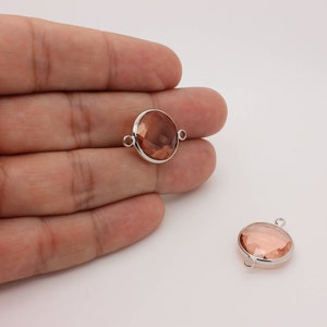 Light Rose Gemstone Charm: (1 Pc)  Rhodium Plated Round Connector (23x16mm)