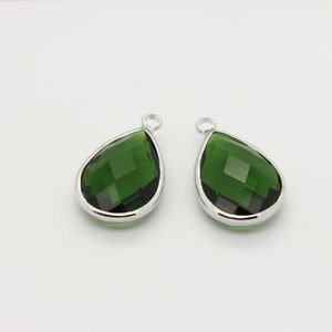 2 Pcs, Teardrop Emerald Glass Pendant Rhodium Plated Green Drop Charm Crafting Supplies, 12L2-09S-01C
