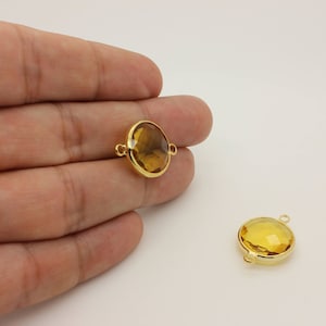Amber Glass Connector Charm: (1 Pc) 16K Gold Plated Round Pendant