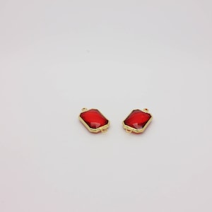 Ruby Glass Stone Connector: 16K Gold Plated Square Charm (1 Pc)