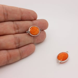 Orange Glass Charm: (1 Pc)  Rhodium Plated Silver Oval Connector (25 X 13.6 mm)