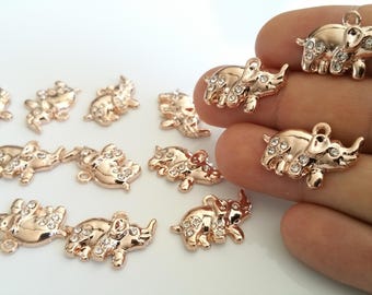 Cubic Zirconia Elephant, 23x15x3mm,Shiny Real Rosegold Plated Elephant brass Charms, not imitation plating,Micro Pave Elephants/12L4-26R-04C