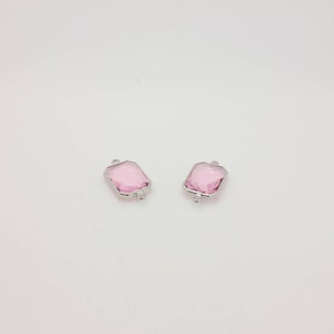 Pink Glass Square Connector Charm: (1 Pc)  Rhodium Plated Pendant (25.5 X 13.7 mm)