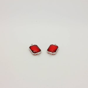 Rhodium Plated Red Ruby Glass Stone Square Connector Pendant (1 Pc)