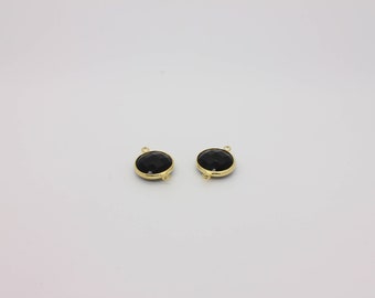16K Gold Plated Black Sapphire Glass Round Connector Pendant (1 Pc)